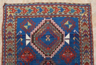 Kazak Rug, possibly Shulaver area. 218 x 145 cm. (7.15ft x 4.75ft) late 19 th. century. The design with typical hooked and crossed lozenges.  Attractive border with stylized bird in flight  ...