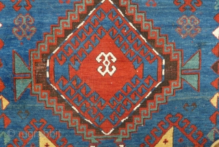 Kazak Rug, possibly Shulaver area. 218 x 145 cm. (7.15ft x 4.75ft) late 19 th. century. The design with typical hooked and crossed lozenges.  Attractive border with stylized bird in flight  ...