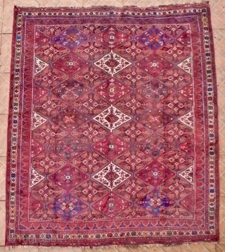 Afshar Rug, Sirjan region, 185 x 160 cm. (6ft x 5.25ft) early 20 th. century. All over lozenges-grid design.
Good condition with some corrosion of the dark brown colour.
Ref: Parviz Tanavoli, plate 24
$360  ...