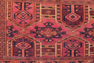 Saryk Kejebe Torba, 114 x 36 cm. 19 th. c. The design with 5 pairs of kejebe arches on a dark violet-red ground.
No multiple sub borders. Simply one main border, framed by  ...