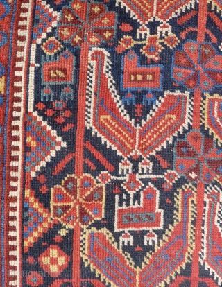 An atypical Khamseh Bird Rug, showing the chicken on top of the hen. In principle, similar to the Khamseh "Mother and Child" Boteh design. General good condition with slight overall wear and  ...