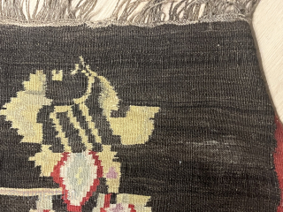 Dark Grey Caucasian Karabakh Kilim with Female Figures – 407 × 153 cm
Striking vintage Karabakh kilim featuring bold geometric motifs and rare woven female figures.        