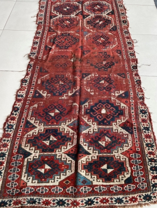 Caucasian Rug with extremely poor condition. This distressed rug most probably belongs to the First Half of 19th Century.Some areas are extremely torn and with holes yet some gul motifs remain untouched.  ...