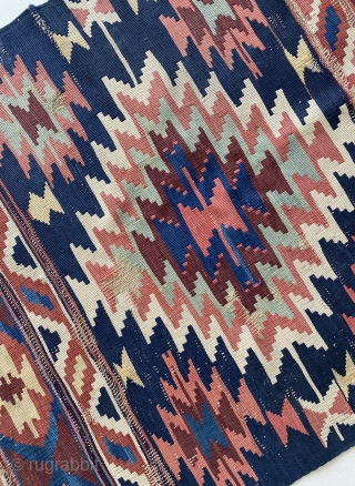 Antique Shirvan Kilim runner from Caucasus. Timeless masterpiece with a striking color and motif combo. 74 x 292 cm. Circa 1880s. There are worn areas as in pictures yet in great condition. 