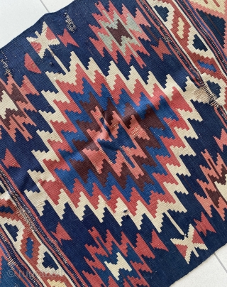 Antique Shirvan Kilim runner from Caucasus. Timeless masterpiece with a striking color and motif combo. 74 x 292 cm. Circa 1880s. There are worn areas as in pictures yet in great condition. 