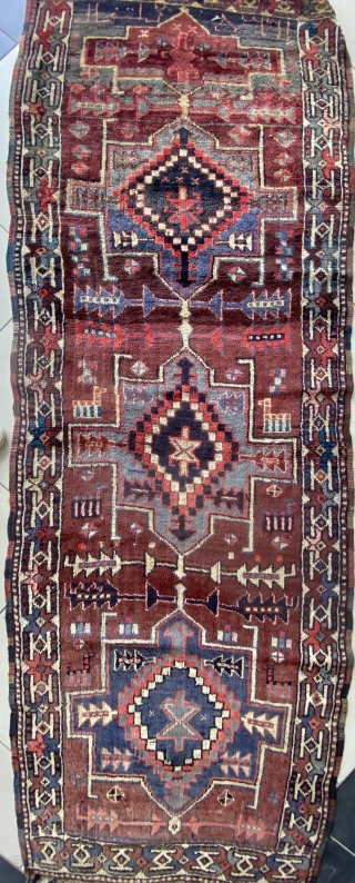 Special collection piece. Antique Kurdish nomadic rug woven by Herki Tribe members. Extra soft special wool. Full original. Excellent condition. Date inscribed as 1335 Hijri time. Size: 100 x 298 cm. Available.  ...