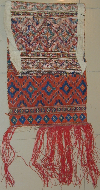 Rare North African(?) embroidery fragment, silk on home-spun wool foundation, 19th.Cent.,
36''( including original fringe) X 11''.                 