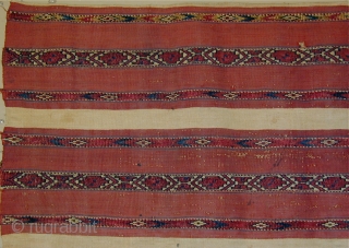 Rare Gossamer Quality Cloth-like finely woven early 19th. Cent. Tekke Striped Chuval with alternating pile and flat-woven areas.
Pile consisting of red and light and dark blue wool, white cotton, and yellow and  ...
