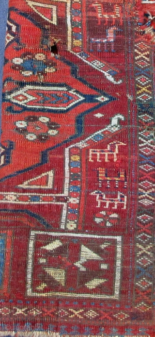 Early finely woven fragmented Yastik most probably emanating from ancient eastern Turkic lands, pashmina wool, original selvedges, 36" X 25"[92 X 64cm]           