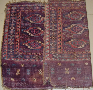 Turkmen Chuval with beautiful colors needful of a bath, some staining,asymmetric knot open R.
43'' X 28''(109 X 71cm), early 19th. century.            