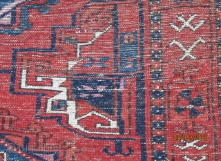 Early large finely woven Arabachi Chuval showing Salor and Chuval Guls, asymmetric 3 ply knots open left,
highly corrosive red insect dye, red and blue silk highlights, cotton highlights, pepper and salt wefting
comprised  ...