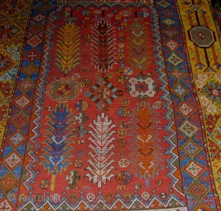 Rabat carpet, Morocco, extraordinary colors. Ca. 1800,
deaccessioned from museum many years ago, original side cords and partial
kelim at one end, in my collection for, at least, 35 years, 15'6" X 6'9"[473 X  ...