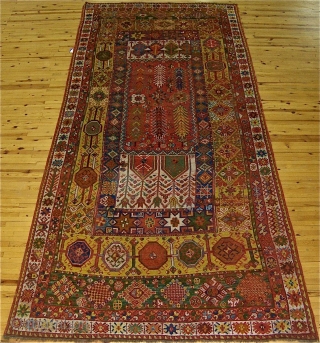 Rabat carpet, Morocco, extraordinary colors. Ca. 1800,
deaccessioned from museum many years ago, original side cords and partial
kelim at one end, in my collection for, at least, 35 years, 15'6" X 6'9"[473 X  ...