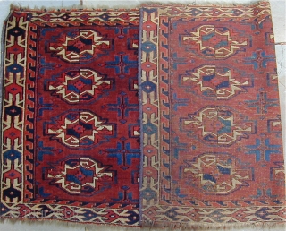Archaic Yomut Chuval with wonderful colors including lots 
of corrosive insect dye highlights throughout the piece,
finely woven with good pile, luminescent wool,
and a pepper and salt back, Ca. 1800, 42''X 22''  