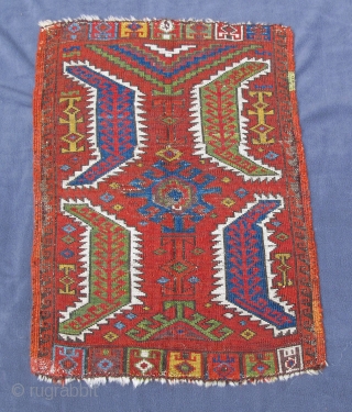 Central Anatolian Yastik with beautiful  colors including aubergine in very good condition, original selvedges,
early 19th century, 29" X 21"[74 X 54cm]  see Morehouse, p. 49 #60.     