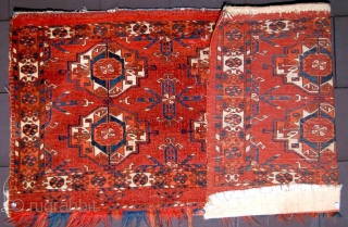Circa 1800 or Earlier Rare Tekke 6 Gul Torba with Very Round Guls, Ruby Red Silk Highlights, 3' 7'' x 1' 8''. (Click on image to view back)     
