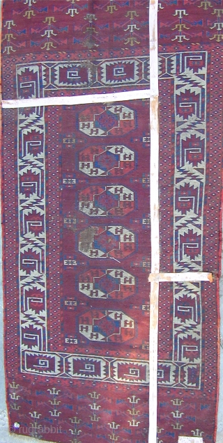 Fragmented early Yomud main carpet with wonderful colors and many interesting border elements and a minor Gul which is generally seen on Chuvals, 78'' X 37''.
Good pile.  Click to view image  ...