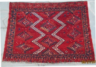 Large Beshir Chuval, excellent pile, natural colors, note the emerald green stripe across the top of the piece,
19th. century, 53" X 38"[135 X 96cm]         