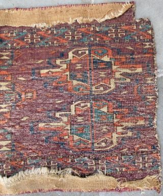 Important and beautiful very finely woven early Turkmen Khalyk fragment;
glorious colors set off by the deep aubergine ground.  Piece is lacking
the bottom appendages and the border on the right side which  ...