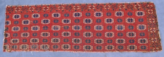 Rare finely woven Saryk Jollar fragment of the 18th. century, pashmina wool, good pile,
crimson and blue silk highlights, symmetric knotting,
40" X 13"[101 X 33cm]NOTE there is a slight shadow reflected in the  ...