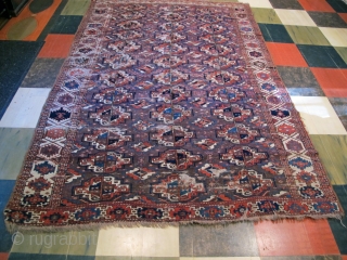 Rare and colorful early 19th. century Chodor Chuval-Gul main carpet with silk highlights,
102" X 68"[259 X 173cm].                