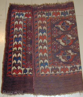 Unusual Yomud Chuval with corrosive insect dye and silk highlights, early 19th. century, 40''X30''(102 X 76cm)                 