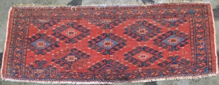 Very finely woven Ersari Torba with extraordinary natural dyes including many different hues of blue, silky pashmina wool,cloth-like handle,
early 19th. century,37" X 14"(94 X 36cm)        