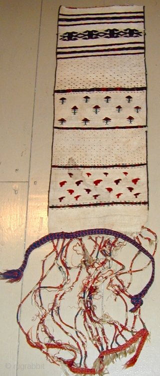 End panel of an all pile Eagle Group tent-band,
(I had owned most of the tent-band many years ago.)
18th. century, 12'' x 48''(tassels inclusive).
Click on detail to see complete fragment.    