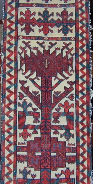 Rare Turkmen tent-band fragment with unusual design, gloriously saturated colors, corrosive insect dye, cotton highlights,
excellent condition, circa 1800, 78'' x 14''.  Click to see other images. Shipping included within the U.S. 