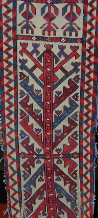 Rare Turkmen tent-band fragment with unusual design, gloriously saturated colors, corrosive insect dye, cotton highlights,
excellent condition, circa 1800, 78'' x 14''.  Click to see other images. Shipping included within the U.S. 