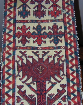 Rare Turkmen tent-band fragment with unusual design, gloriously saturated colors, corrosive insect dye, cotton highlights,
excellent condition, circa 1800, 78'' x 14''.  Click to see other images. Shipping included within the U.S. 