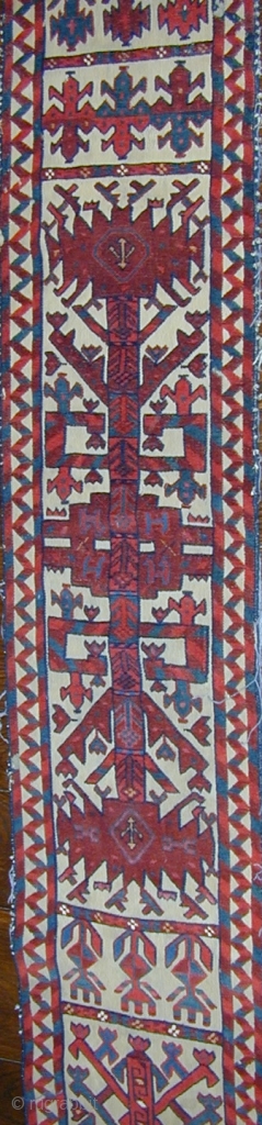 Rare Turkmen tent-band fragment with unusual design, gloriously saturated colors, corrosive insect dye, cotton highlights,
excellent condition, circa 1800, 78'' x 14''.  Click to see other images. Shipping included within the U.S. 
