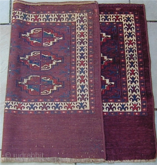 Extraordinary, finely woven Yomud Chuval with most unusual minor Guls and Major Gul interiors and unusual major and minor borders; note the Tamgha-like
symbol on back in left corner of Elem, early 19th.  ...