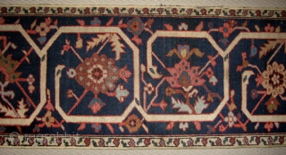 Antique Serapi border.   Wonderful colours.   A great runner for a narrow hall or, heaven forbid, to make cushions.   Uniformly low, small areas of foundation showing.   ...