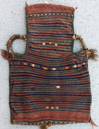 A Dynamic Antique Kurdish Soumak Saltbag Circa 1900 from N.E Persia, beautiful range of natural dyes with original back and handles, in excellent condition, size 1'5" by 1'8"     