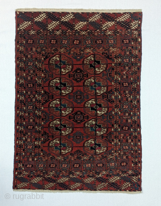 Antique Tekke Wagireh(Sampler)? rug, circa 1900 or before with wonderfully drawn guls and a unique border design. It is a great example of Tekke weaving with cochineal red dyes, greens, and indigos.  ...