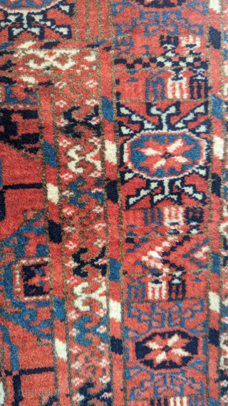 Antique Tekke Wagireh(Sampler)? rug, circa 1900 or before with wonderfully drawn guls and a unique border design. It is a great example of Tekke weaving with cochineal red dyes, greens, and indigos.  ...