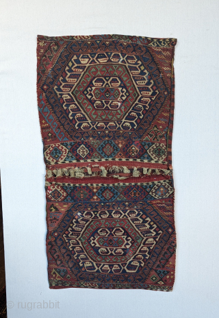  A Dynamic Turkish  Khorjin(double bag), circa 1900 or before with a wonderful array of all-natural dyes. It's made in the mix weave technique and the condition is good for the  ...