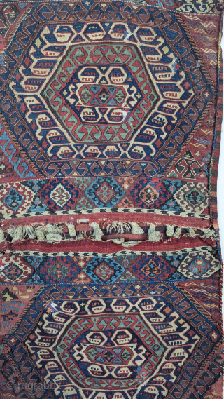  A Dynamic Turkish  Khorjin(double bag), circa 1900 or before with a wonderful array of all-natural dyes. It's made in the mix weave technique and the condition is good for the  ...