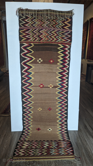  A dynamic Antique Camel wool Kurd sofra from E.Persia, circa 1920 or before, with an array of all-natural dyes, with a simple but unique design choice. Its sofra is in excellent  ...