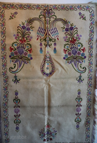 Exceptional Felt Embroidered prayer rug made by the Yumut tribe of C. Asia, circa 1900 or before. It's made using metal and wool threads with unique and unusual design elements. It has  ...