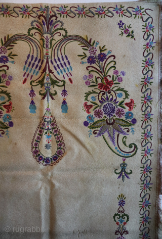 Exceptional Felt Embroidered prayer rug made by the Yumut tribe of C. Asia, circa 1900 or before. It's made using metal and wool threads with unique and unusual design elements. It has  ...