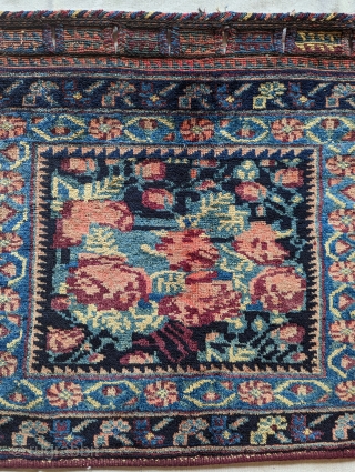 A dynamic larger Afshar bag face, circa 1930, with a wonderful range of dyes and soft lustrous wool, size 2'4" by 1'11" in excellent condition.
please contact by Email at: rubiadarya@mymts.net   