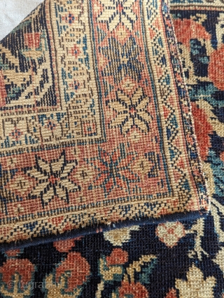 Detail of an Antique Afshar Golfarang rug, circa 1900, a beautiful range of natural dyes, with a unique star border design. size 3' by 3'11" contact us directly at rubiadarya@mymts.net   