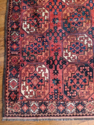 A dynamic Ersari (Uzbek?) main carpet. 100" x 77". Very good condition, with thick pile throughout most of the carpet. A strip of repair at both ends. SOLD (thanks).    