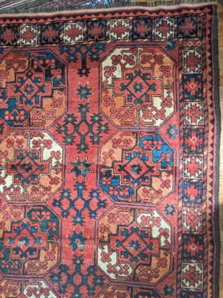 A dynamic Ersari (Uzbek?) main carpet. 100" x 77". Very good condition, with thick pile throughout most of the carpet. A strip of repair at both ends. SOLD (thanks).    