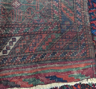 A marvelous antique Baluch rug, from the Sistan region of SE Persia. This one is in excellent condition, with full pile, and original kilim ends. Shimmering colours that come alive in natural  ...