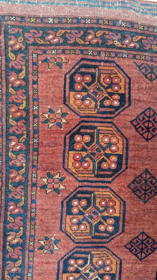 Antique Ersheri "Takht" wedding rug from Amu Darya region, circa 1900 or before, a fantastic range of natural dyes, with original kilim end in excellent condition.
size 3'5" by 4'3".You can contact us  ...