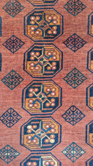 Antique Ersheri "Takht" wedding rug from Amu Darya region, circa 1900 or before, a fantastic range of natural dyes, with original kilim end in excellent condition.
size 3'5" by 4'3".You can contact us  ...