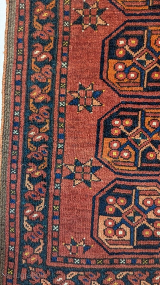 Antique Ersheri "Takht" wedding rug from Amu Darya region, circa 1900 or before, a fantastic range of natural dyes, with original kilim end in excellent condition.
size 3'5" by 4'3".You can contact us  ...